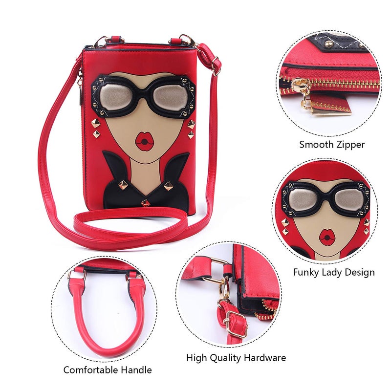 KUANG! Women Novelty Lady Face Shoulder Bags Funky PU Leather Top Handle Satchel Handbags Clutch Purse for Women - Image 4